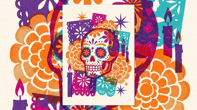 cultural poster design, a vibrant da de muertos poster features a calavera with marigolds and papel picado
