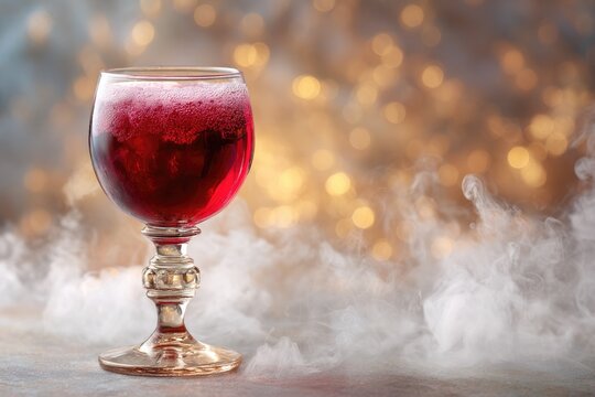 Elegant glass of red wine with golden stem surrounded by misty steam