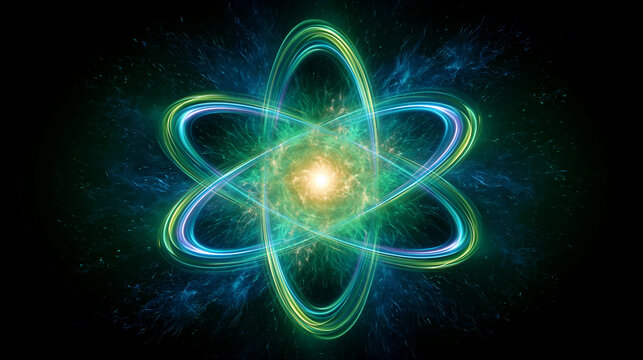 Quantum atomic structure with bright yellow core and swirling green blue elliptical paths representing subatomic motion.