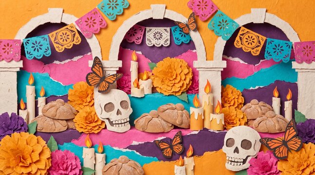 da de muertos celebration, a vibrant handmade paper collage celebrating da de muertos with marigolds and monarch butterflies
