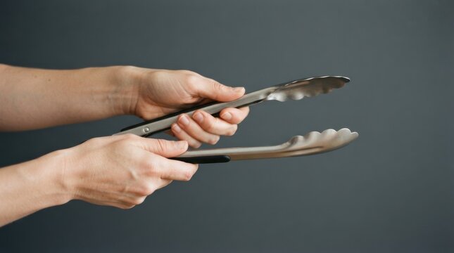 Hands holding metal kitchen tongs for cooking and serving food.