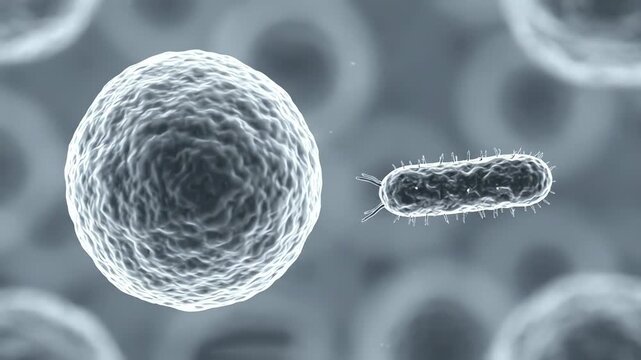 White blood cell slowly approaching one small stationary bacterium
