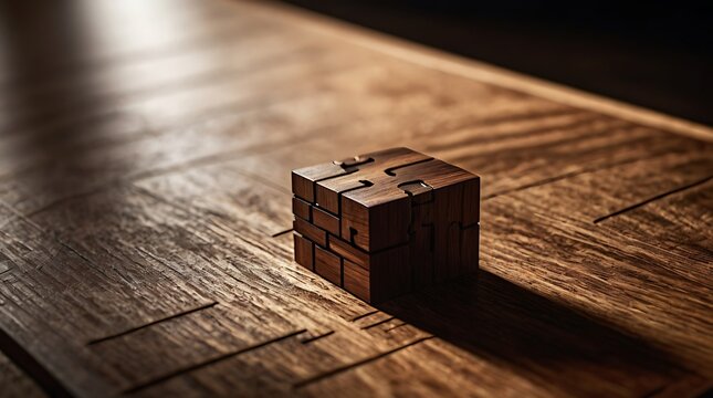 Wooden infinity puzzle cube resting on a rustic oak table with dramatic shadows and warm moody lighting