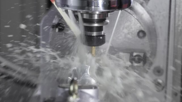 Industrial metal processing machine with cooling liquid modern automated technology for manufacturing precision parts.