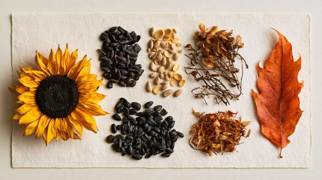 Sunflower seeds and autumn elements are arranged as a modern botanical specimen study on off-white paper, separating one sunflower head section, individual seeds, kernels, dried petals, stems