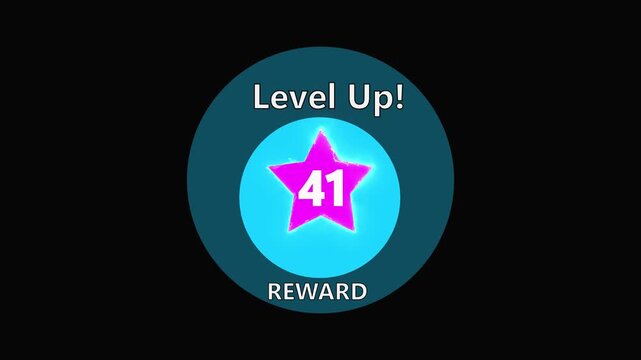 Minimalist gaming level up! icon symbolizing progression and achievements, featuring reward 41 'level up' alert. Neon game complete screen interface with mission reward. 4k video