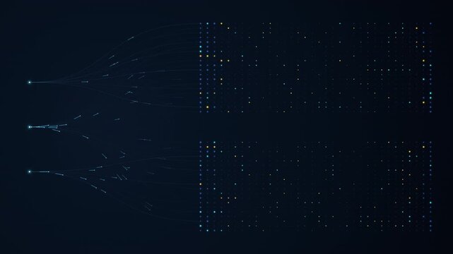 Seamless 4K loop of an advanced neural network architecture. Three data sources on the left branch into upper and lower parallel processing pipelines, converging into a vast dot matrix on a dark blue