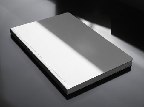 Blank book cover mockup on dark glossy table with dramatic shadow lighting