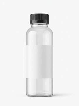 Clear Plastic Juice Bottle Mockup with Black Cap and Blank White Label Isolated on White Background