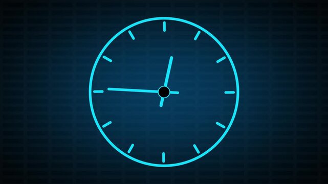 Clock face animation displays time measurement hands on a dark matrix grid. Chronological schedule telemetry coordinates guide clock face. Systems track clock face.