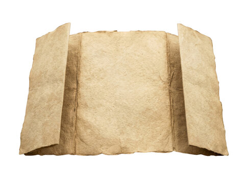Rectangular sheet of vintage beige handmade paper featuring rough deckle edges and two vertical folded side flaps creating an open scroll appearance transparent background