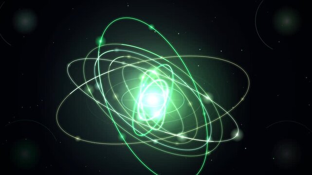 Glowing green atomic structure loop animation against dark cosmic background