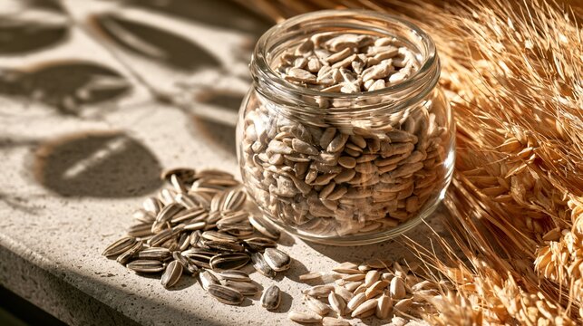 Sunflower seeds and autumn elements create a modern kitchen background with hulled kernels in a clear glass jar, whole striped seeds nearby, dried wheat