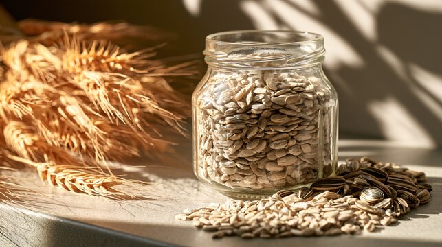 Sunflower seeds and autumn elements create a modern kitchen background with hulled kernels in a clear glass jar, whole striped seeds nearby, dried wheat