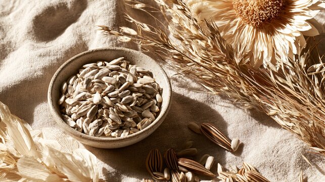 Sunflower seeds and autumn elements create a soft neutral flat lay on ivory linen where a small bowl of kernels, delicate dried grasses, cream-colored leaves and striped seeds