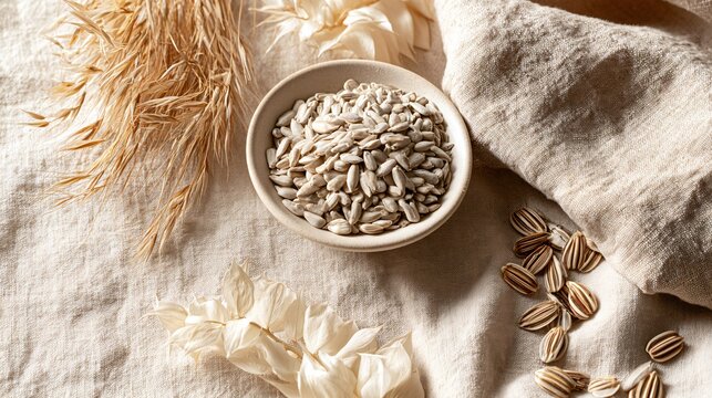 Sunflower seeds and autumn elements create a soft neutral flat lay on ivory linen where a small bowl of kernels, delicate dried grasses, cream-colored leaves and striped seeds