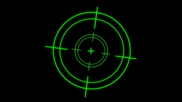 Target reticle animation displays crosshairs with concentric circles on dark. Tactical surveillance tracking telemetry guides target reticle. Aiming consoles lock reticle.