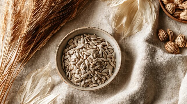 Sunflower seeds and autumn elements create a soft neutral flat lay on ivory linen where a small bowl of kernels, delicate dried grasses, cream-colored leaves and striped seeds