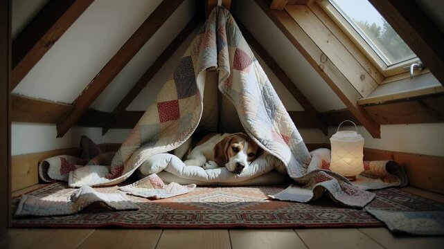Skylight brightening, beagle shifting and lifting head on pillow in attic with patchwork quilt tent