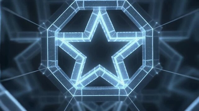 Advancing camera approaching luminous five-pointed star in octagonal tunnel, particles intensifying