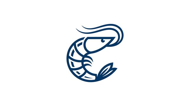 Minimalist vector illustration of a shrimp logo design with clean blue lines, isolated on a white background, perfect for seafood restaurant