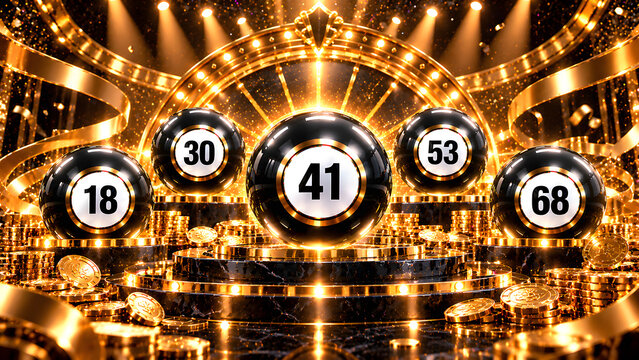 Glowing golden bingo balls with numbers 18 30 41 53 68 on illuminated