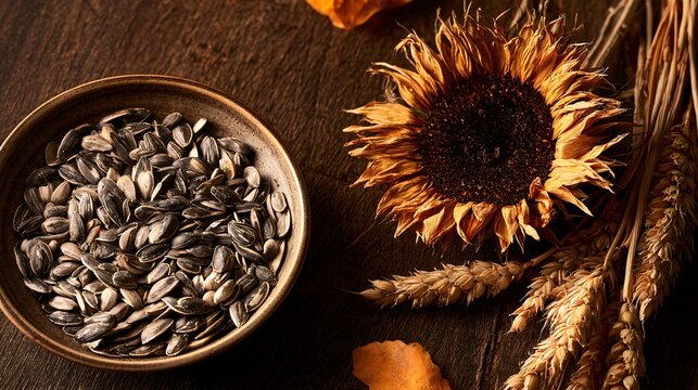 Sunflower seeds and autumn elements create an elegant harvest background on dark walnut where a shallow ceramic bowl of seeds, one dried sunflower head, wheat stems