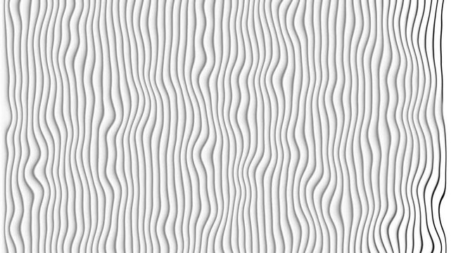 Vertical lines animation displays textured organic wave ribbons on dark. Minimalist visual perspective coordinates shift along vertical lines. Abstract depth fills lines.