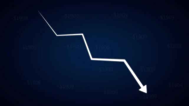Downward arrow animation displays negative currency values on dark. Financial investment loss telemetry tracks across downward arrow. Economic downturn marks arrow.