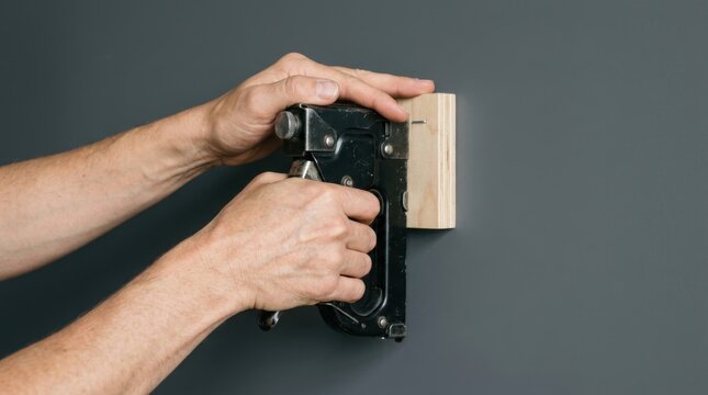 Close-up of hands using a staple gun to attach a wooden block to a wall.
