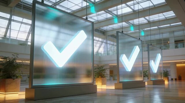Moving camera revealing frosted panel pulsing cyan check mark in large atrium showing confirmation