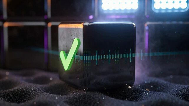 Striking magenta beam hitting glossy black cube with green checkmark in studio, emitting vapor