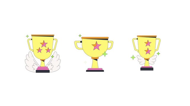 Winner trophy cups with stars and wings 2D cartoon animation pack. Achievement award. Reward system. Gamification levels animated flat colorful elements 4K video collection on transparent background