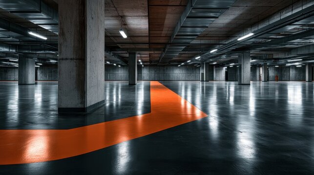Modern underground parking garage with polished floors and bright lighting showcasing an orange directional arrow on smooth concrete surface
