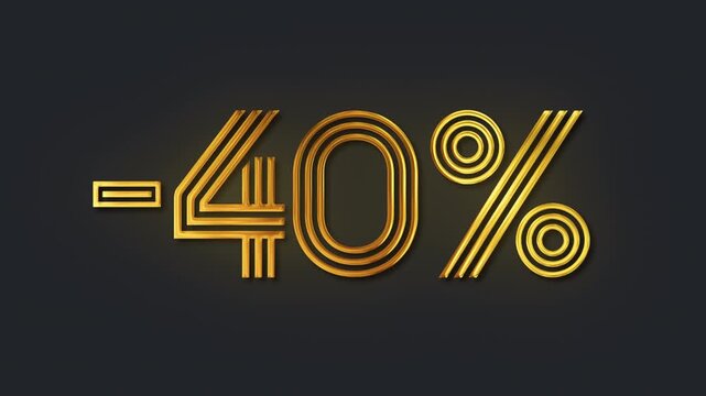 Golden 40 percent off discount sign with glowing art deco style animation, 4K loop with alpha channel, retail promotion, and clearance events