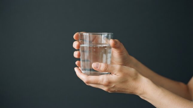 Hands holding a clear glass of water against a dark background.