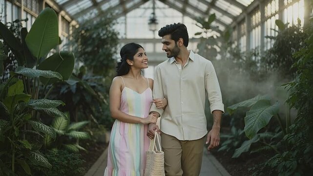 Entering couple walking linked arms through glasshouse sharing gaze, woman in maxi dress with tote