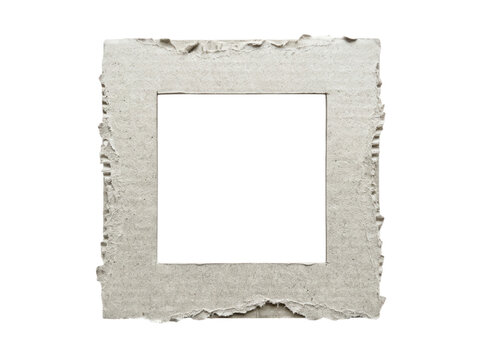 Square picture frame crafted from thick grey recycled cardboard featuring heavily textured and rugged torn outer edges transparent background