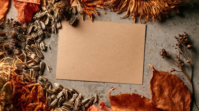 Sunflower seeds and autumn elements surround a blank kraft-paper card on warm-gray concrete, with striped seeds, dried sunflower petals, tiny seed pods