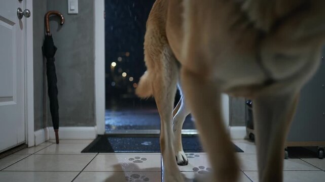 Door opening large tan dog crossing doormat paw-print tiles into foyer at night carrying black ball