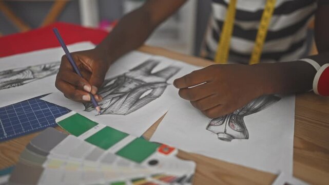 Man designer hands drawing a garment sketch with pencil and color swatches on table in studio; concentration creativity craft.