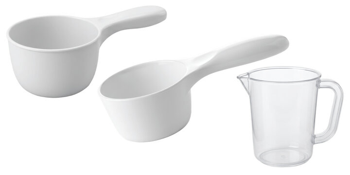 White measuring cup essentials Sets PNG with scoops, pour jug, baking tools, laundry dosing accessories isolated on transparent background studio

