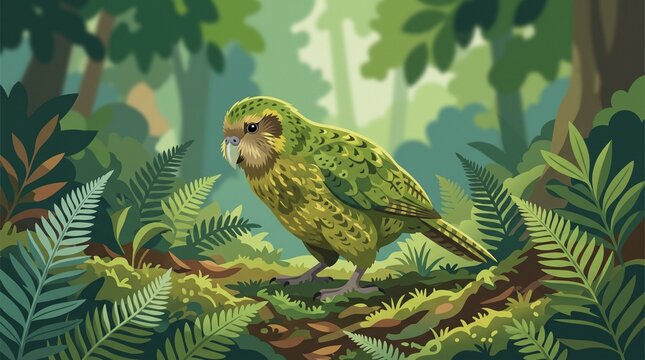 A lovely kakapo parrot standing gracefully on a lush green forest floor surrounded by ferns, captured in a vibrant illustrative style.
