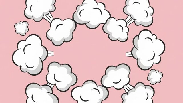 Classic Cartoon Style Black Bomb with Burning Fuse Exploding into a Smoke Cloud. Vector Animation of an Explosive Device Detonating against a Plain Pink Background for Creative Motion Projects.