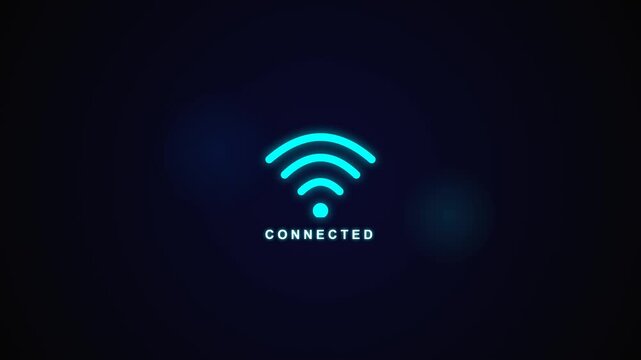 Glowing Cyan WiFi Signal Icon with Connected Text Animation on Dark Background.