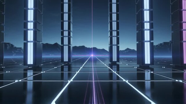 Pulsing purple point in grid driving beam and neon lane, trail mirroring on towers, framing horizon