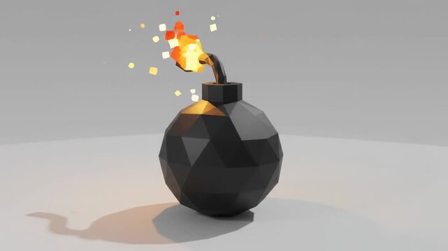 3D Low Poly Geometric Cartoon Bomb with Burning Fuse and Pixelated Flame Isolated on Grey Background, Minimalist Stylized Explosive Object for Game Design and Animation Concepts