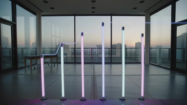 Starting program, LED tubes lighting up left to right, raising top strip in highrise room