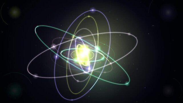 Glowing atom illustration with looping electron orbital trails