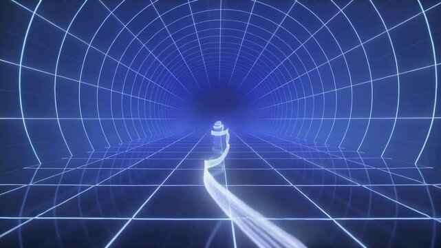 Emerging bottom, glowing ribbon traveling grid tunnel toward center coiling spiral